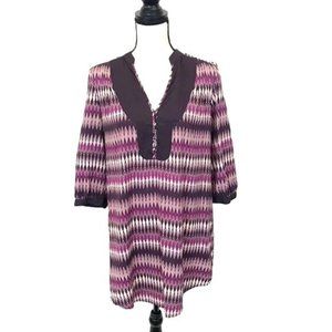 H&M Womens Purple Geometrical Print 3/4 Sleeve V Neck Tunic Dress Size 8